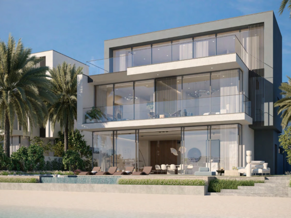 Modern beachfront villa with palm trees