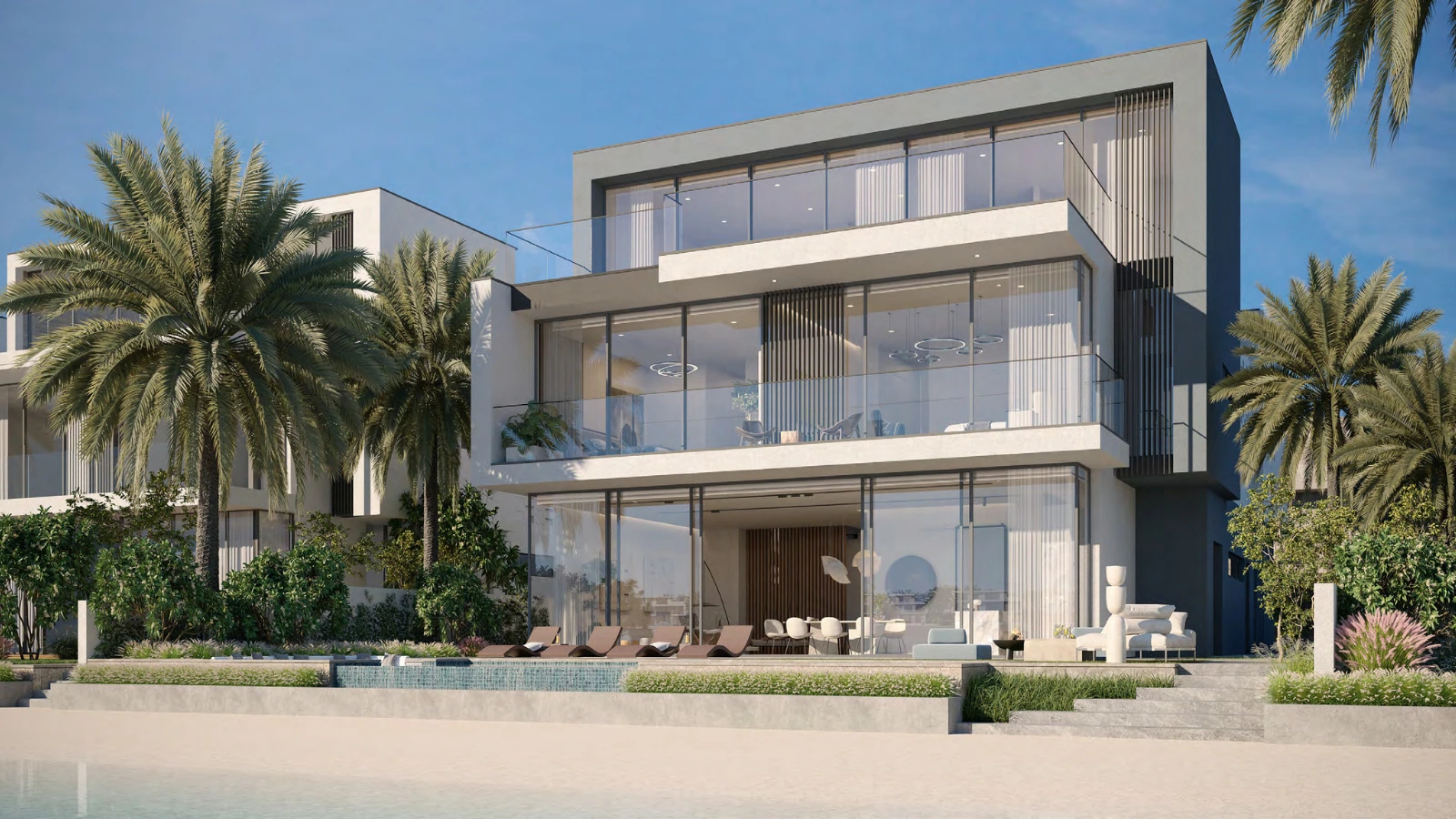 Modern beachfront villa with palm trees