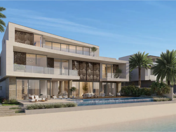 Modern beachfront villa with palm trees