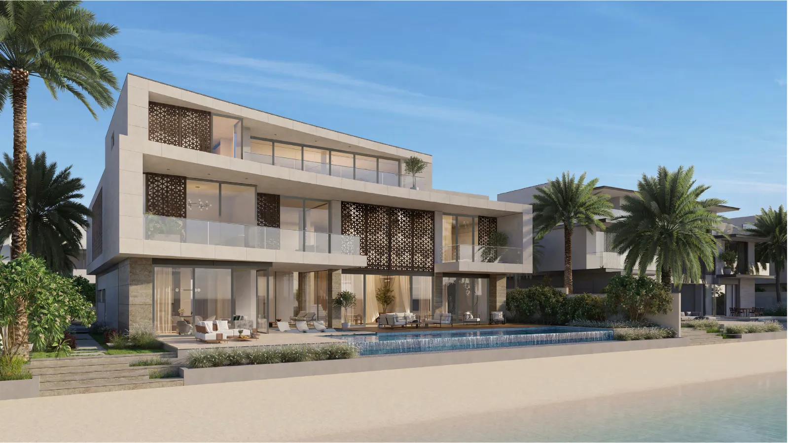 Modern beachfront villa with palm trees