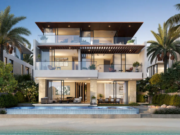 Modern beachfront villa with palm trees