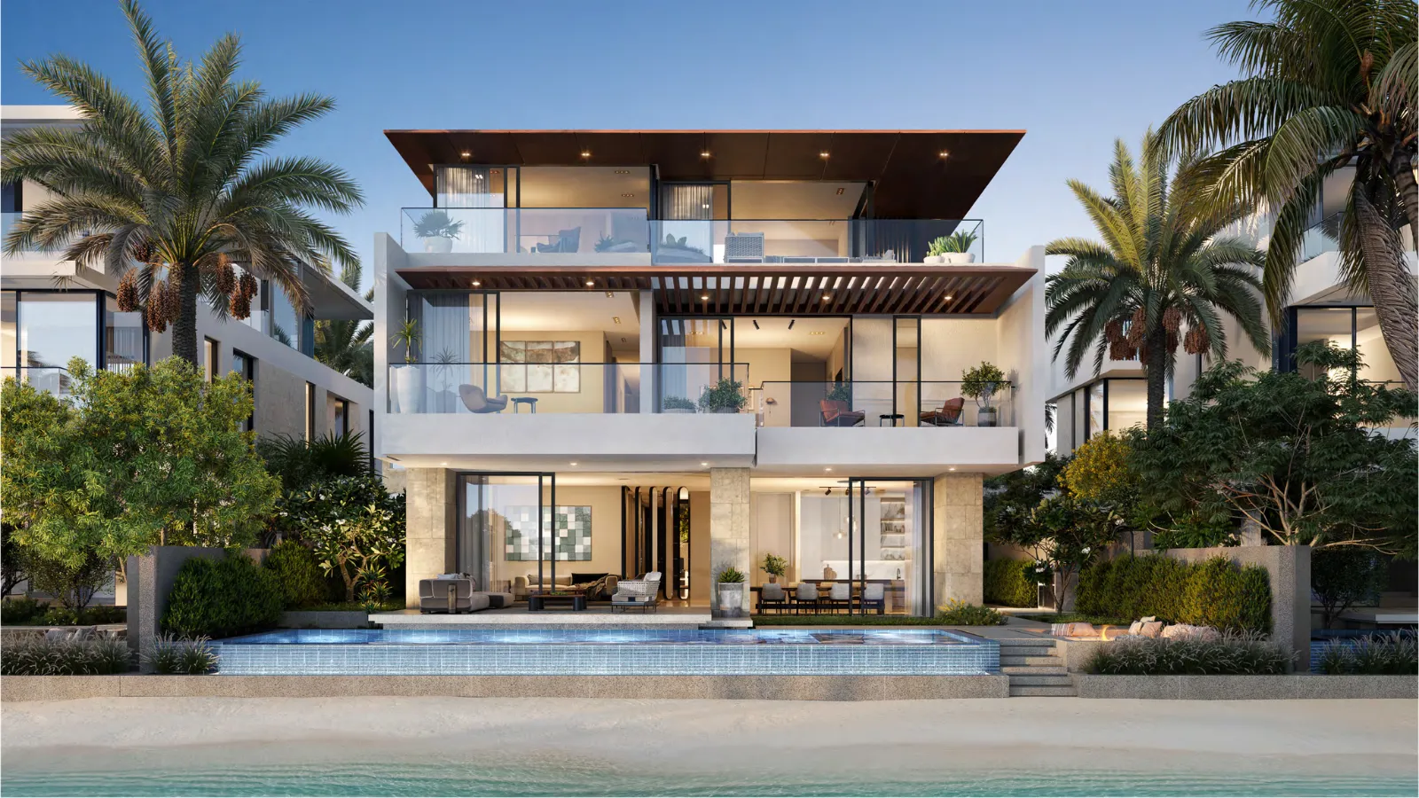 Modern beachfront villa with palm trees