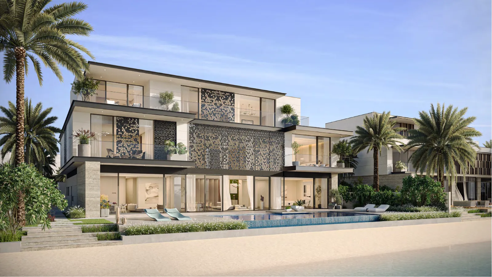 Modern villa with pool and palm trees
